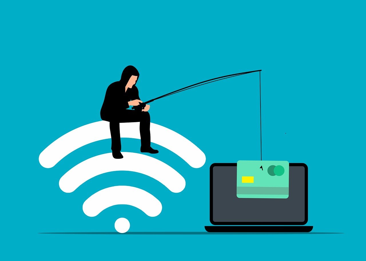 Vector illustration of a hacker phishing a computer from a wi-fi signal